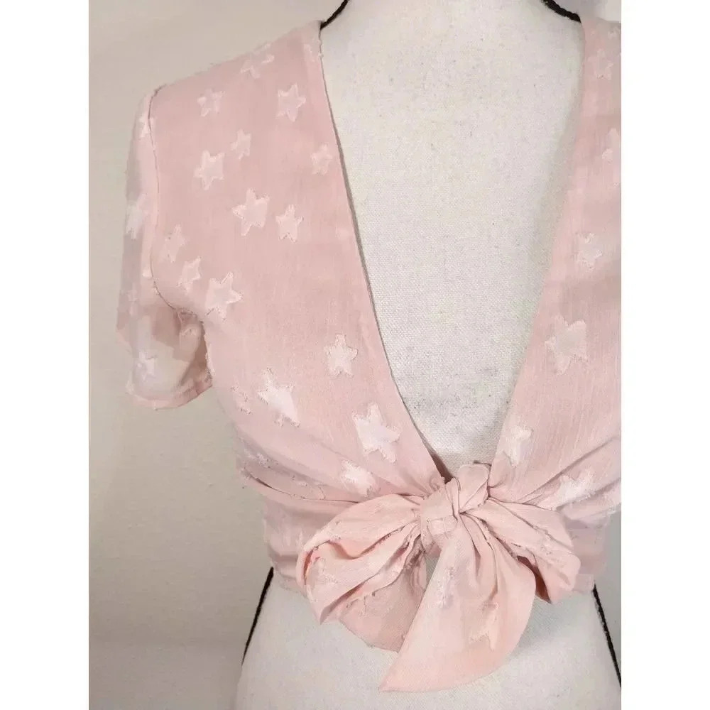 Revolve By the Way Superdown Aylin Pink Star Front Tie Crop Top Women's Size XS - Picture 3 of 9